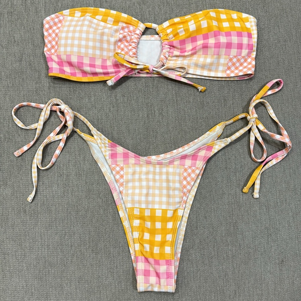 Pink & Orange Patchwork Checkered Tie Bikini Set - image 4